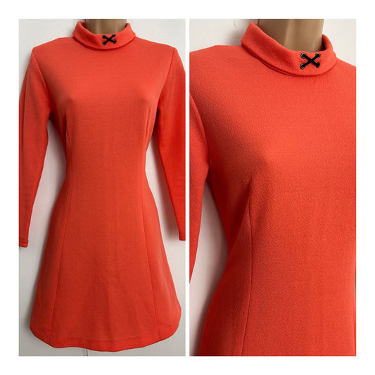 Vintage 1960s UK Size 8 Tangerine Orange Long Sleeve Mini Mod Shift Dress