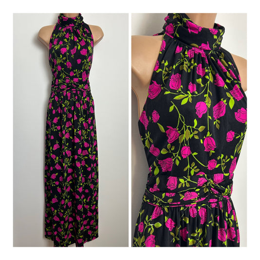 Vintage 1970's Size 12 Black & Pink Roses Floral Print Sleeveless Maxi Dress