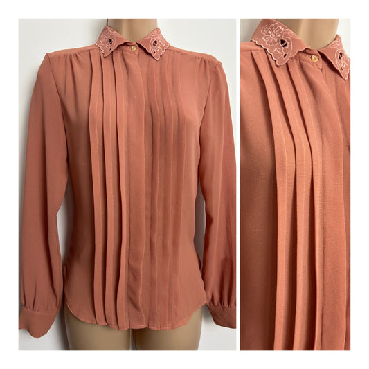 Vintage 1980s CAMPUS CASUALS Size 8-10 Dark Salmon Pink Pleated Detail Long Sleeve Blouse