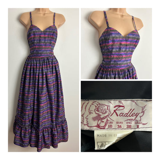 Vintage Late 1970s RADLEY Size 6 Dark Grey Purple & Pink Floral Party Prom Occasion Dress