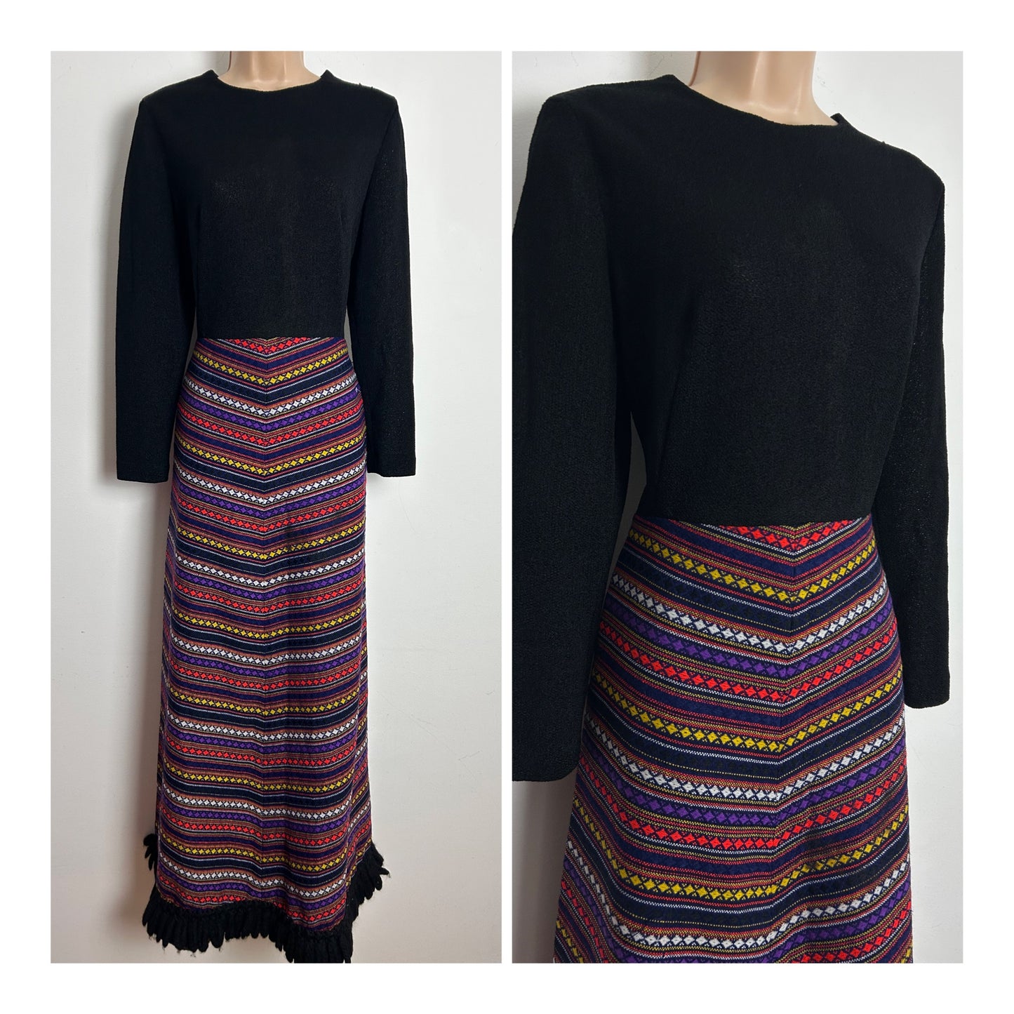 Vintage 1970s BERKERTEX Size 12 Black Red Purple Blue Wool Mix Maxi Dress