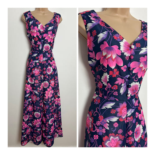 Vintage 1970s MONTIGO BAY Size 12 Navy Blue & Pink Floral Print Sleeveless Maxi Dress