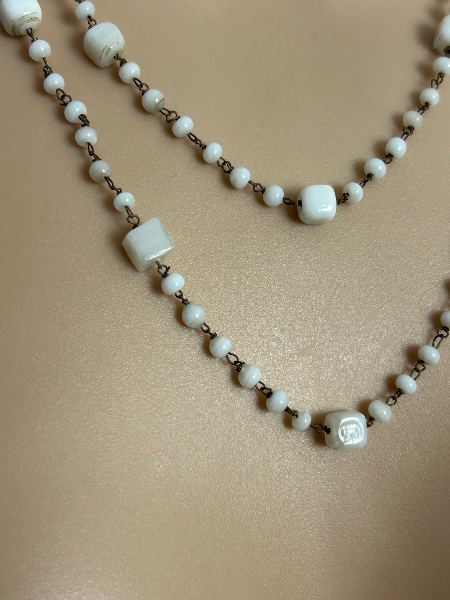 Vintage 1960s White Opaque Milk Glass One or Two Strand Necklace