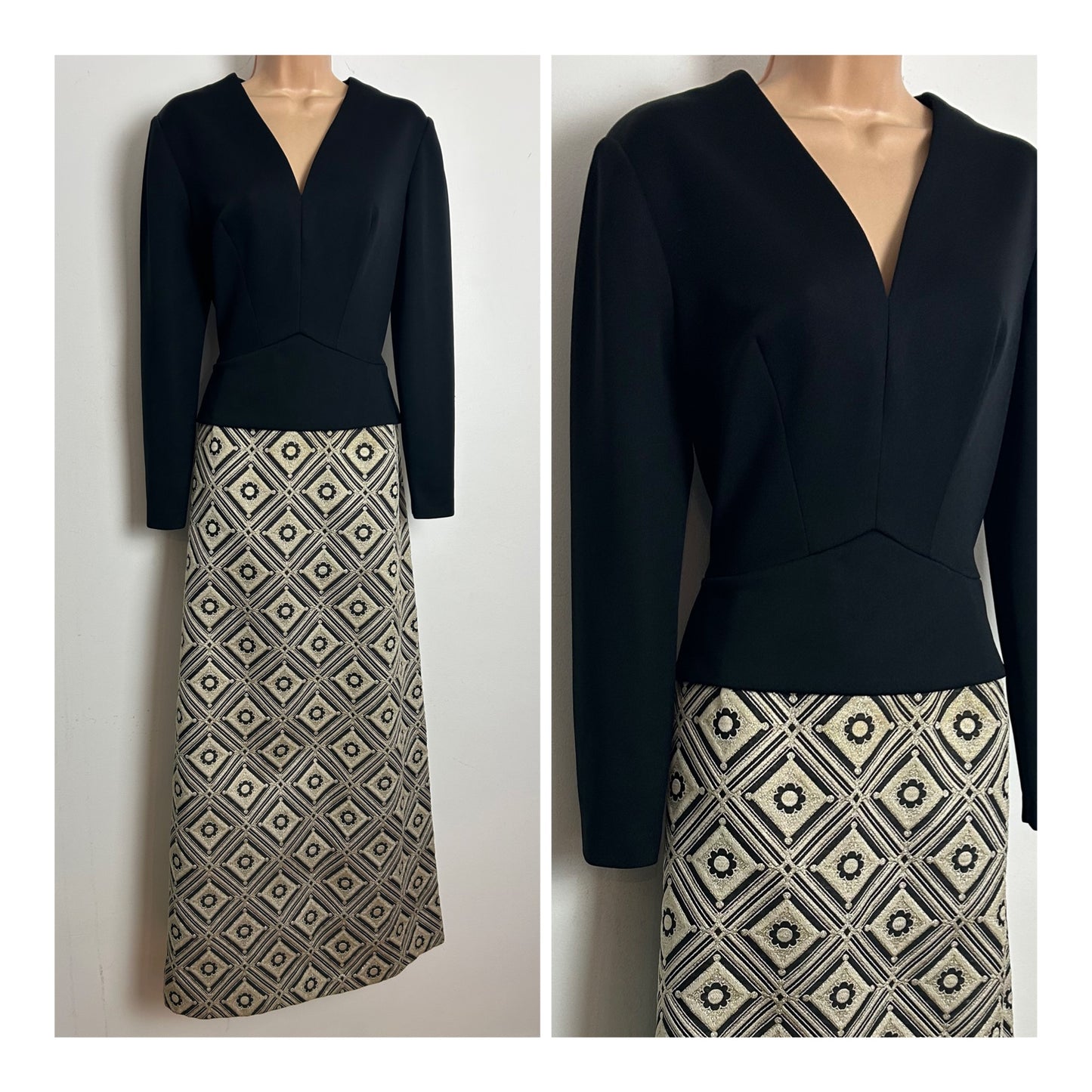 Vintage 1960s CARNEIGIE OF LONDON Size 12 Black & Metallic Gold Peplum Occasion Evening Maxi Dress