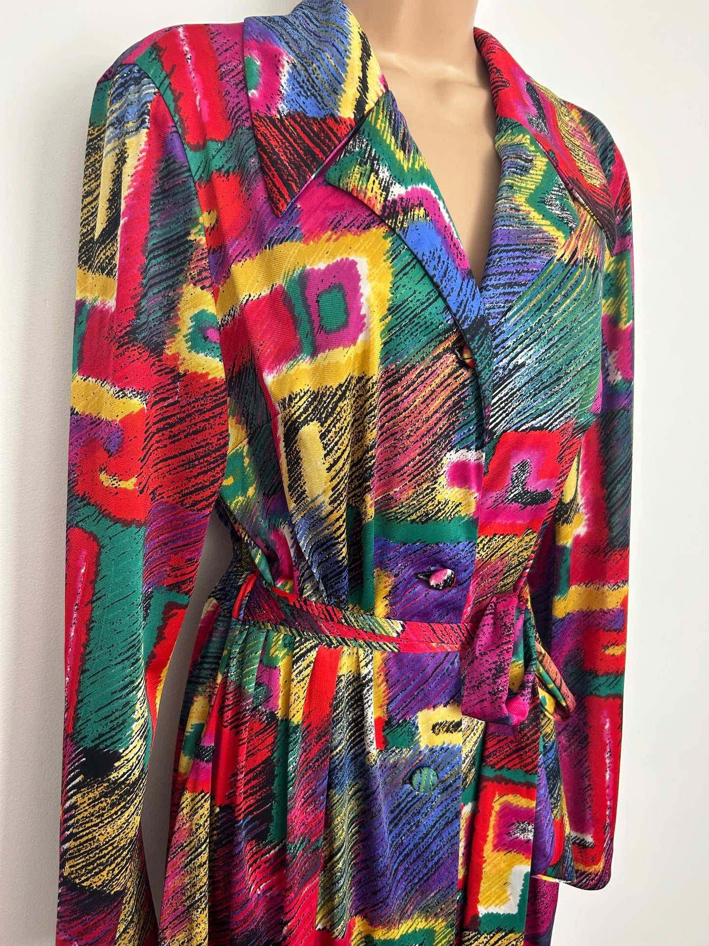 Vintage 1970s POMPADOUR Size 14-16 Multicolour Abstract Geo Square Print Dagger Collar Belted Maxi Dress