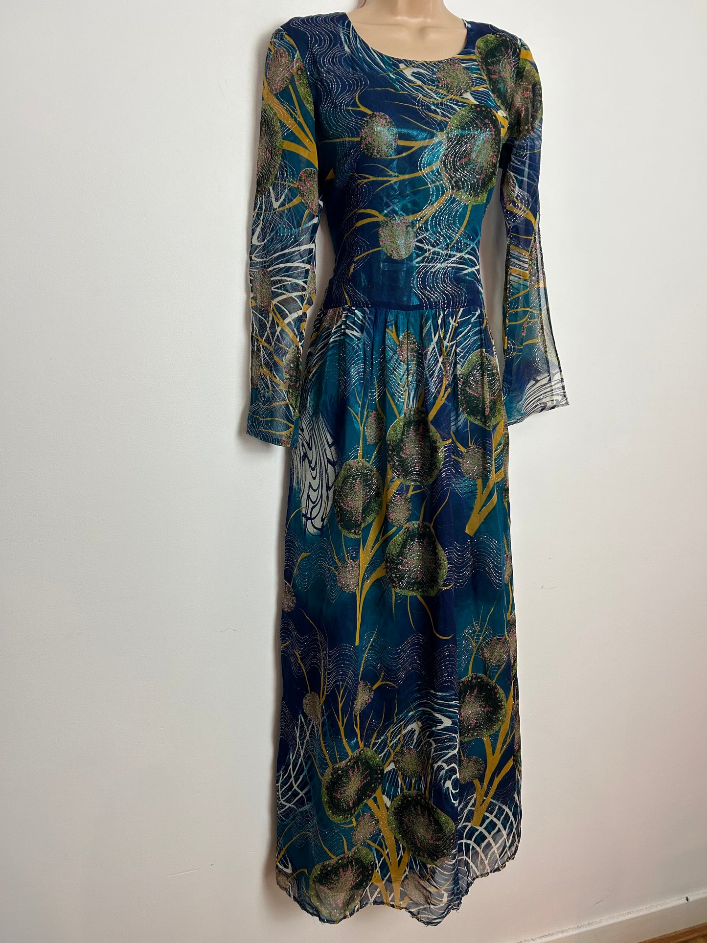 Vintage 1970s UK Size 8 Beautiful Teal & Mustard Abstract Print Silver Glitter Detail Boho Occasion Maxi Dress