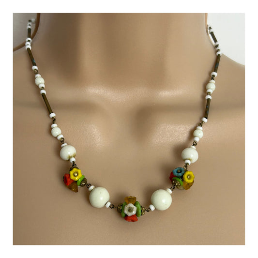 Vintage Pretty White Czech Milk Glass & Flower Detail Dark Gold Tone Necklace