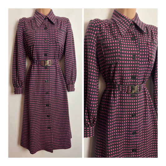 Vintage 1970s UK Size 12 Grey & Pink Check Wool Mix Buckle Waist Long Sleeve Day Dress