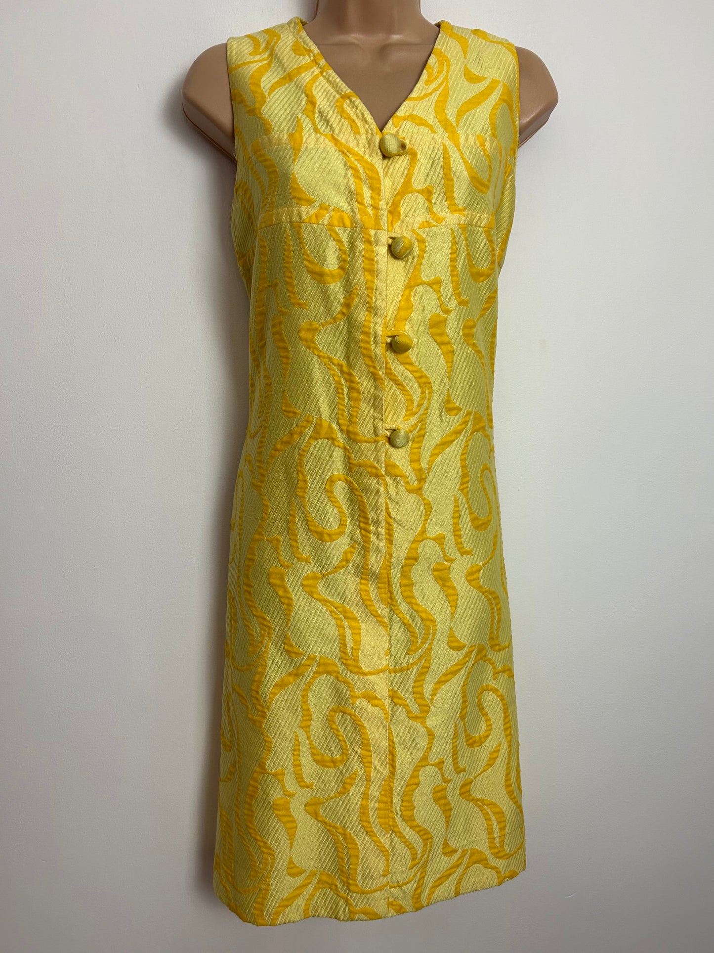 Vintage 1960s UK Size 10-12 FRANK USHER Yellow Slightly Textured Cotton Mix Sleeveless Shift Mod Dress