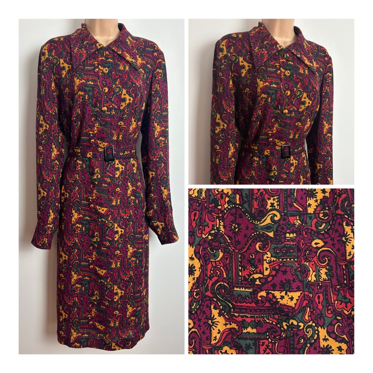 Vintage 1970s Size 16 Wine Mustard & Dark Green Abstract Nouveau Inspired Print Wool Mix Belted Long Sleeve Dress