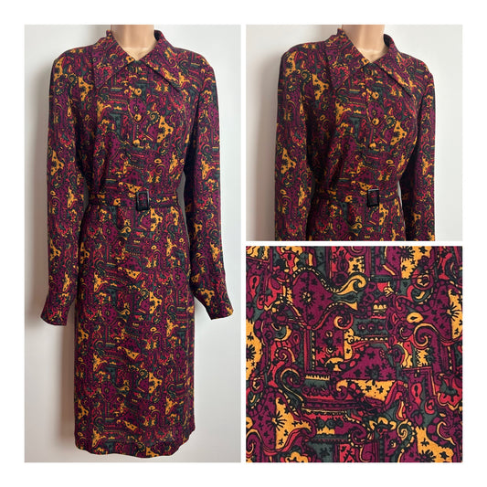 Vintage 1970s Size 16 Wine Mustard & Dark Green Abstract Nouveau Inspired Print Wool Mix Belted Long Sleeve Dress