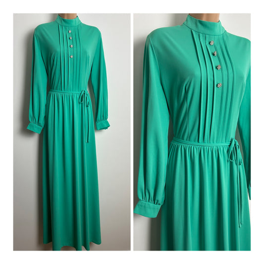 Vintage 1970s Size 14 Mint Green Diamante Buttons Long Sleeve Belted Occasion Maxi Dress