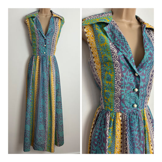 Vintage 1970s RARE DESIGNER TONY ARMSTRONG UK Size 10 Turquoise Yellow Purple & White Abstract Stripe Print Maxi Dress