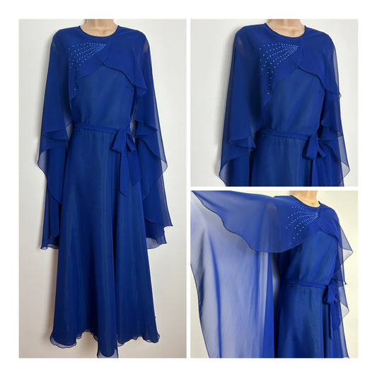 Vintage Late 1970s Size 12 Royal Blue Chiffon Rhinestone Detail Cape Sleeve Belted Occasion Evening Maxi Dress