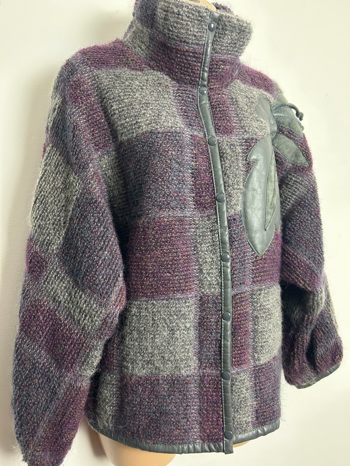 Vintage Late 1980s DINO VALIANO Size 12-14 Grey & Purple Check Kid Mohair Wool & Leather Applique Detail Coatigan