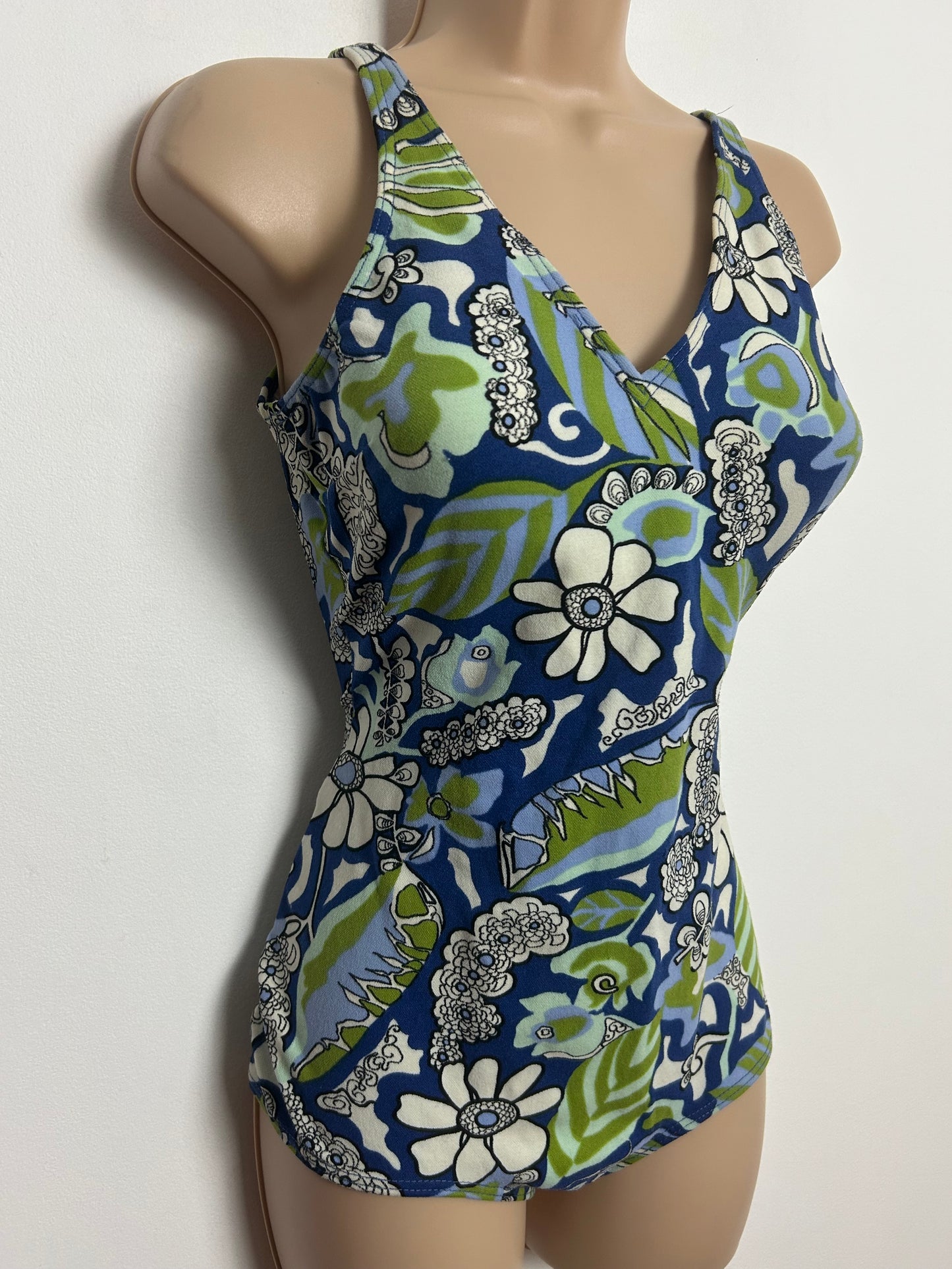 Vintage Late 1960s RASUREL Size 16 Blue & Green Floral & Leaf Print Padded Swimsuit