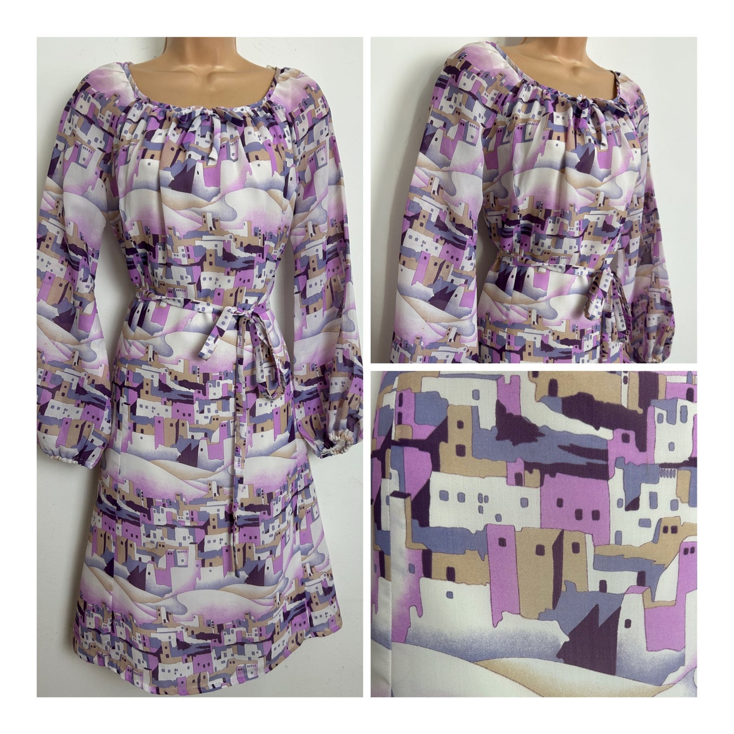 Vintage 1970s Size 10-12 Pink Violet & White Greek Houses Novelty Print Belted Chiffon Dress