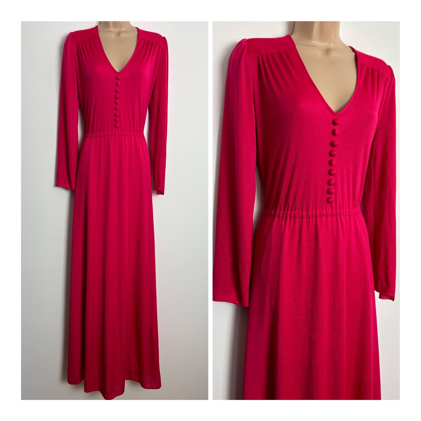 Vintage 1970s UK Size 14-16 Hot Pink Long Sleeve Maxi Dress