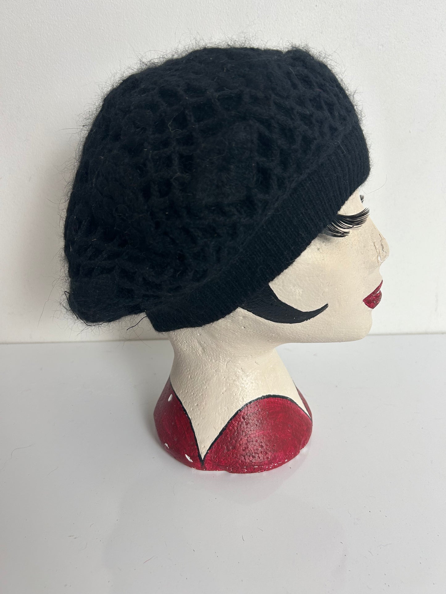 Vintage Black Crochet Wool & Angora Mix Beret Hat
