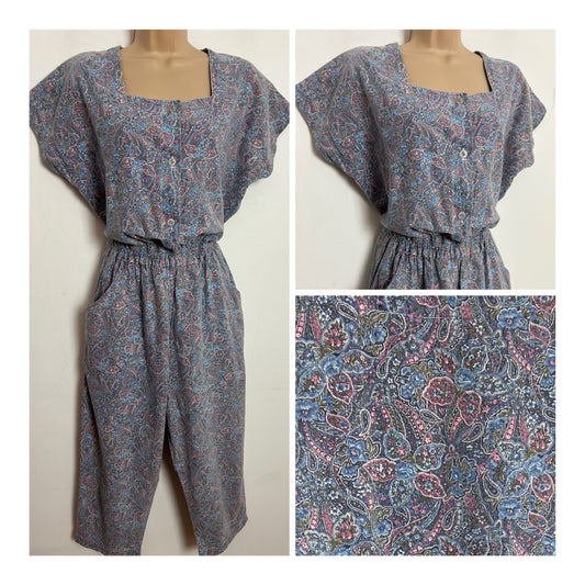 Vintage ANDREW SPORTS NEW YORK Early 1990s UK Size 10 Blue & Pink Floral & Paisley Print Cotton Cropped Casual Jumpsuit