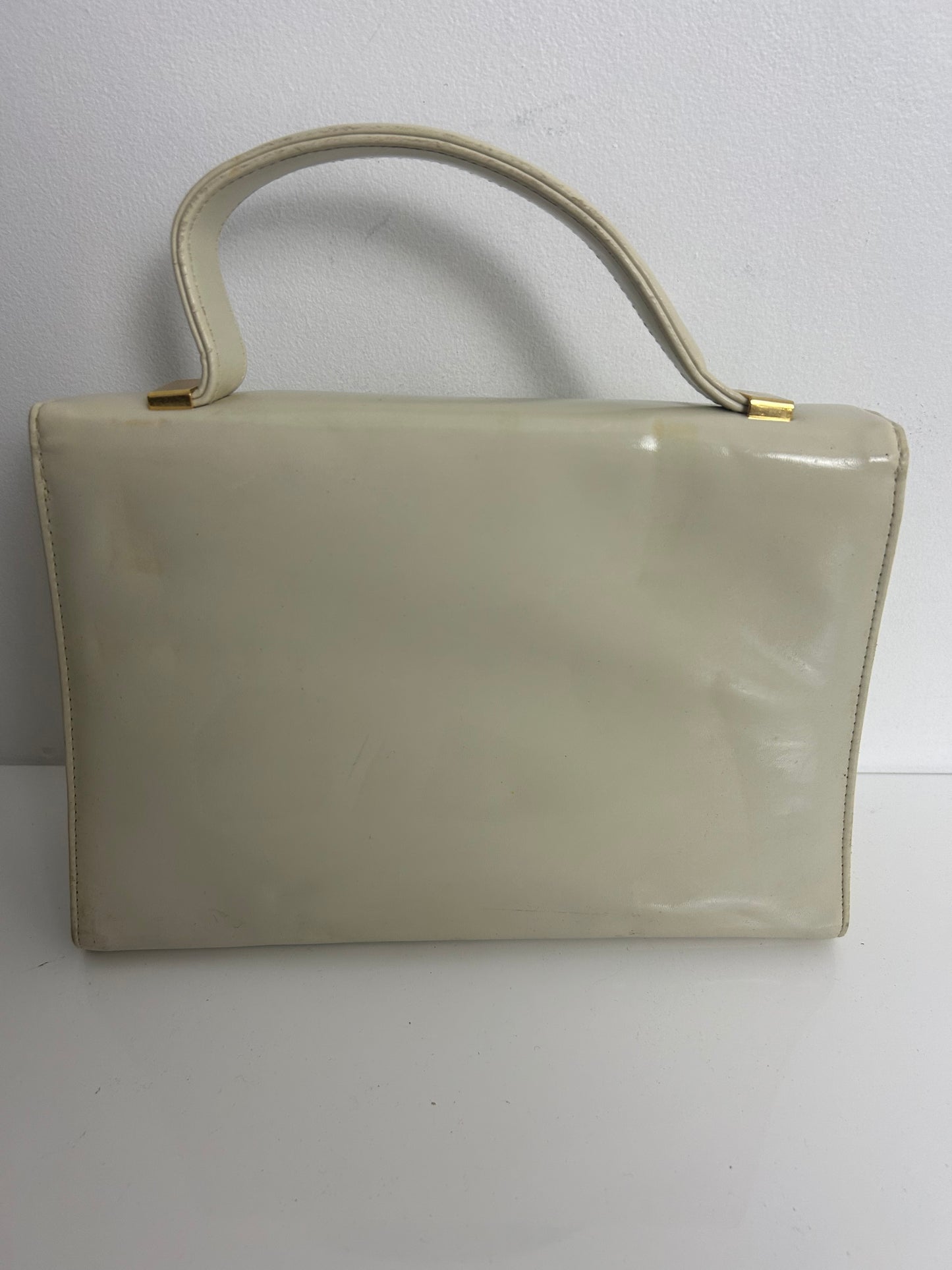 Vintage 1960s Cream Leather Handbag/Shoulder Bag With Tortoiseshell & Gold Metal Clasp