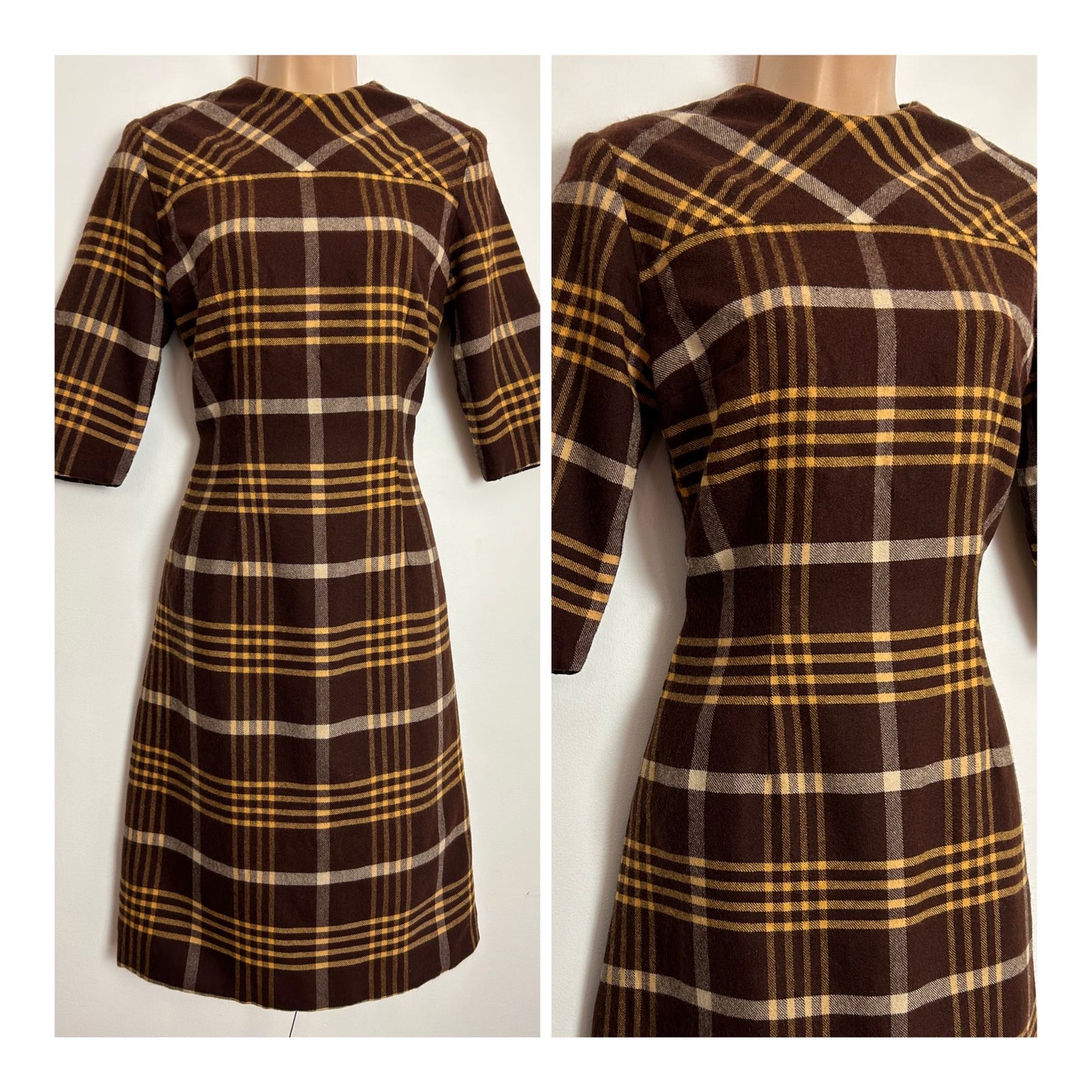 Vintage 1960s UK Size 8 Brown & Mustard Yellow Check Print Wool Mod Day Dress