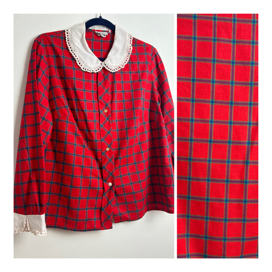 Vintage 1980s ORIGINAL RAWE Size 16 Red Purple & Blue Check Print Cotton Peter Pan Collar Shirt
