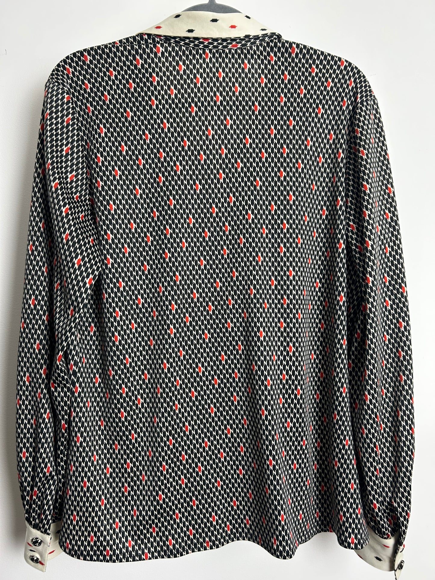Vintage 1970s Size 16 Black Cream & Red Abstract Check Print Long Sleeve Collared Shirt