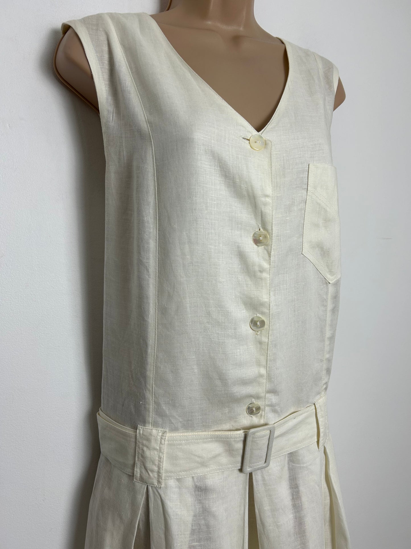 Vintage 1980s LAURA ASHLEY Size 14 Cream Linen Mix Sleeveless Belted Pleated Drop Waist Midi Dress