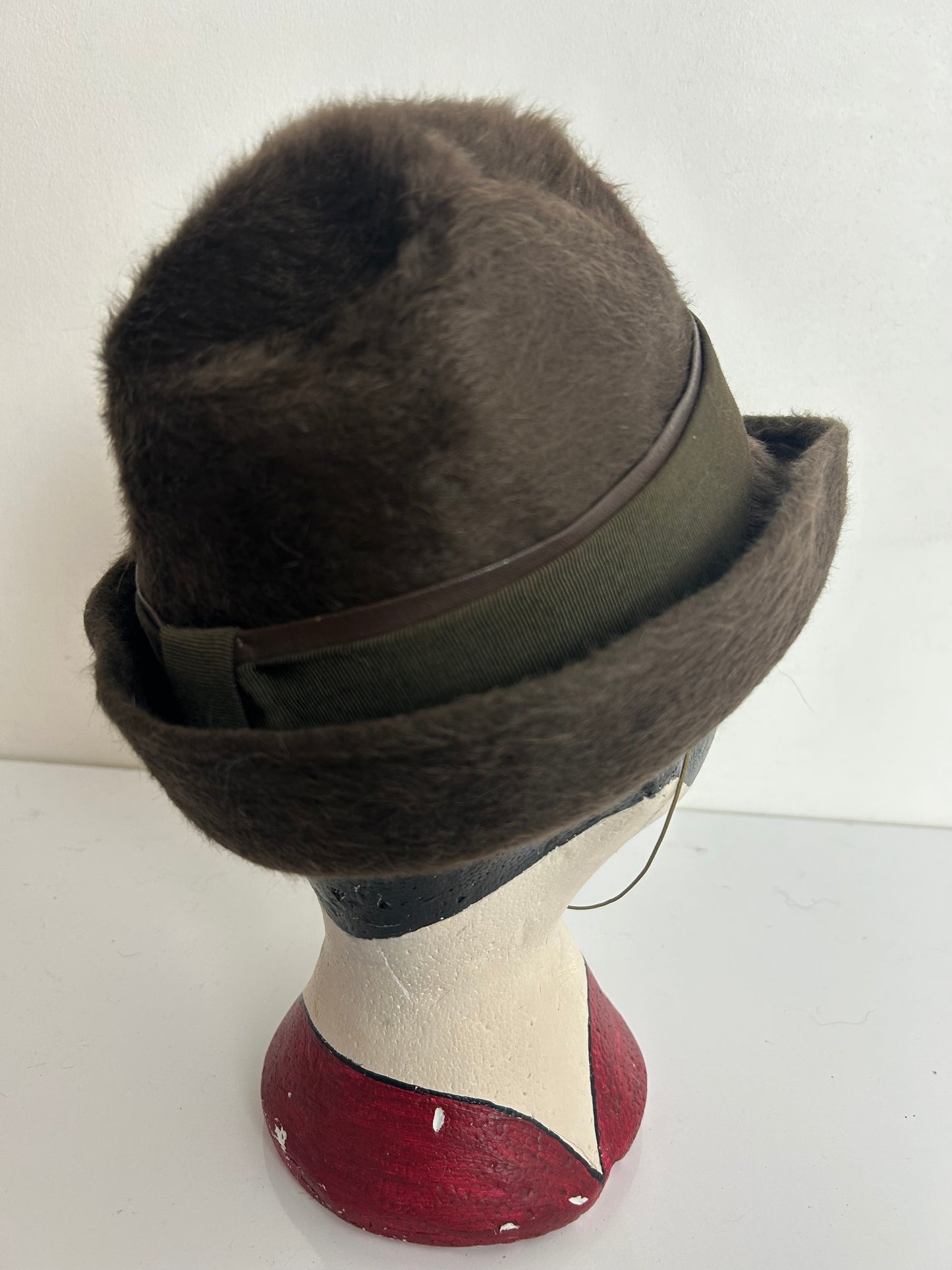 Vintage 1970s Dark Olive Green Angora Mix Austrian Peaked Hat