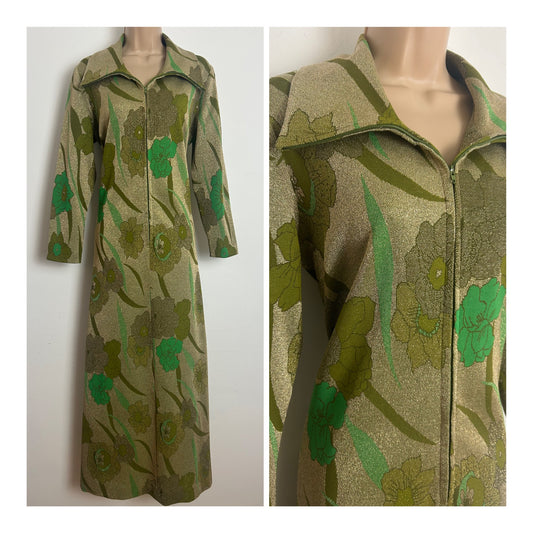 Vintage 1970s HOLDEN Size 14 Green Tones Floral Print Lurex Zip Front Maxi Dress