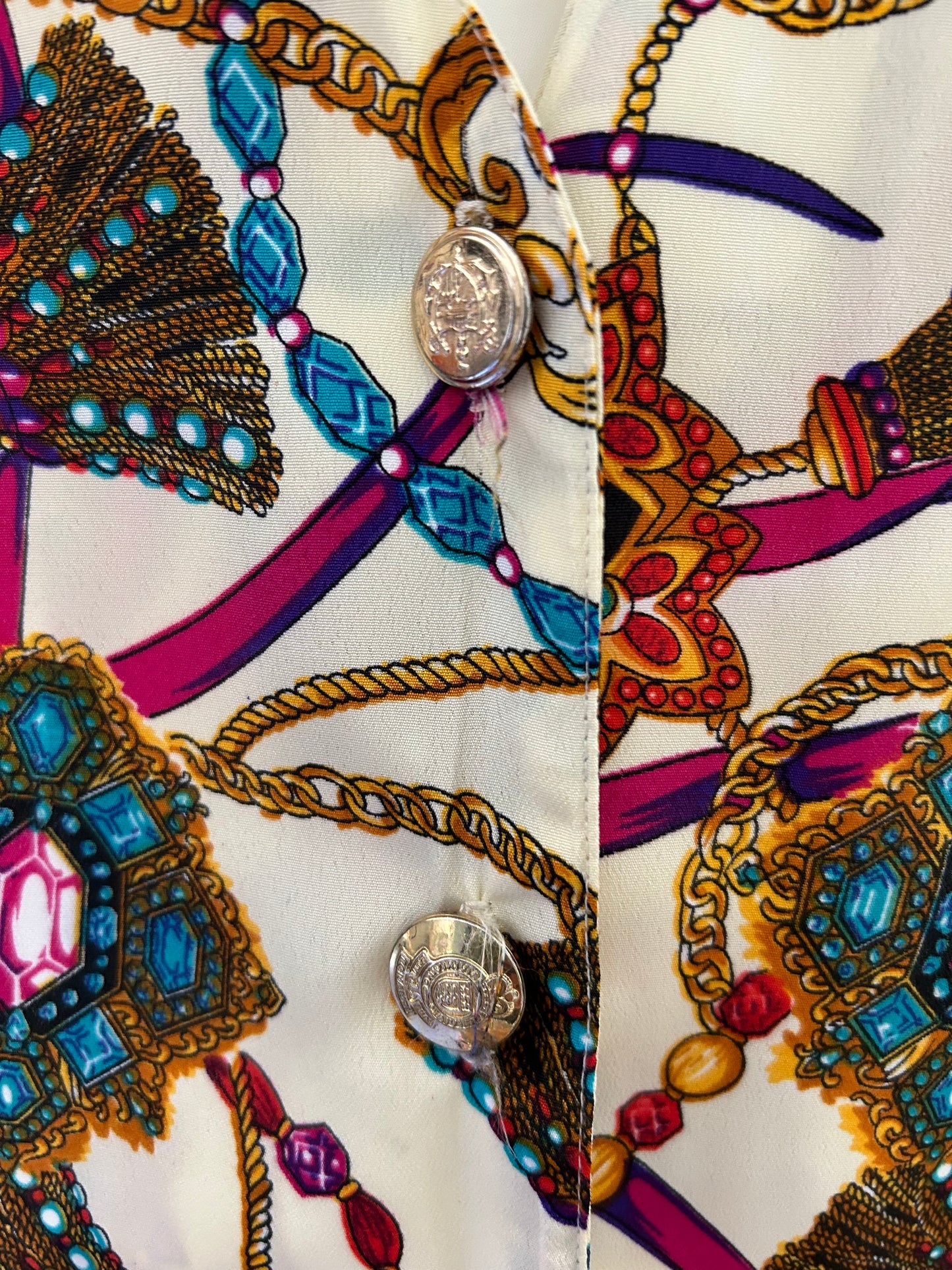 Vintage 1980s UK Size 12-14 Cream Blue & Dark Pink Tassel Chain & Jewel Novelty Print Silky Satin Feel Waistcoat