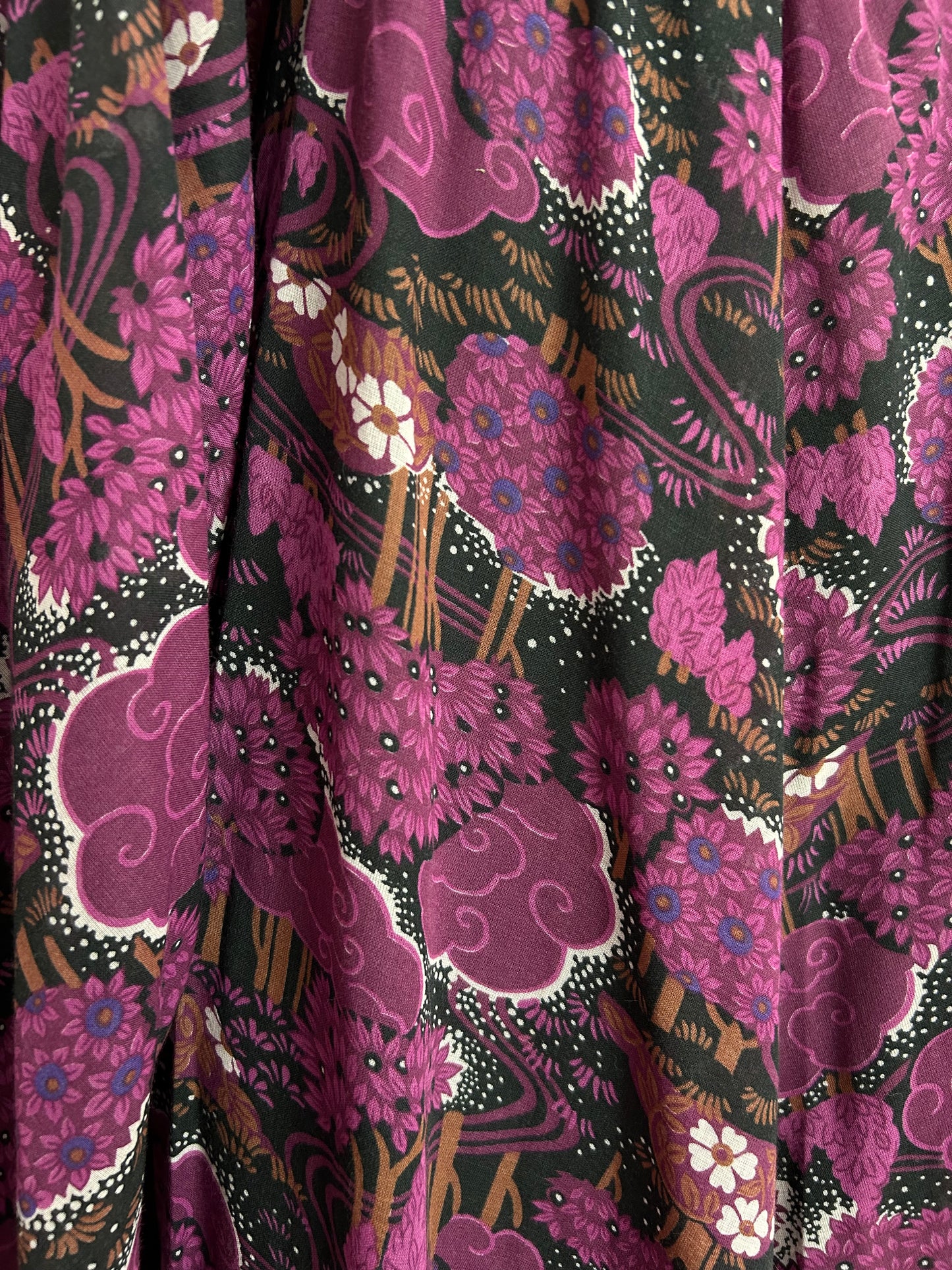 Vintage Late 1960s Very Rare CROWTHERS Approx UK Size 8 INCREDIBLE Black & Dark Pink Whimsical Tree Print Wide Sleeve Kaftan Style Boho Maxi Dress