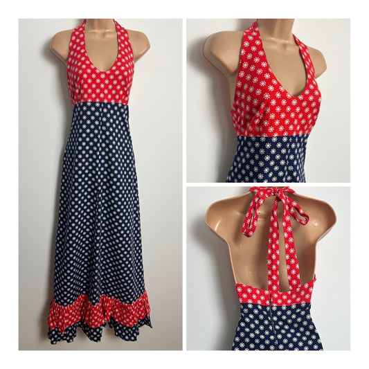 Vintage 1970s Size 8 Navy Red & White Floral Print Summer Festival Cotton Maxi Dress