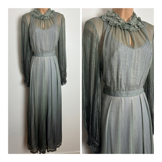 Vintage Late 1970s Size 8 Silvery Grey & Metallic Gold Pinstripe Silk Mix Victoriana Prairie Style Evening Maxi Dress