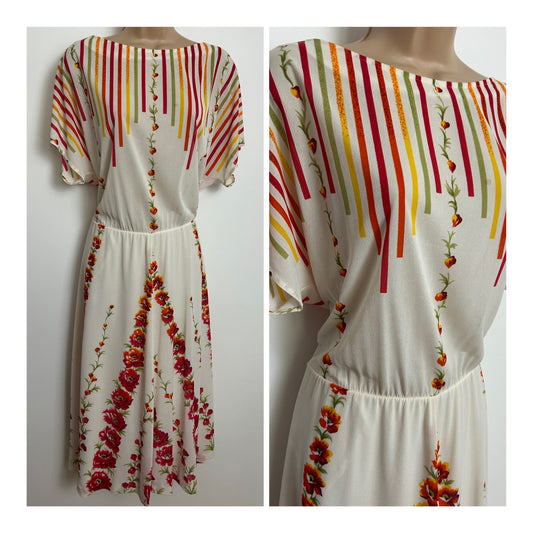 Vintage 1980s CORELLE Size 14-16 Soft Cream Red Green & Orange Floral & Stripe Print Summer Day Dress