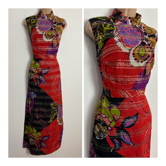 Vintage 1970s Size 10-12 Red Blue Green Purple & Silver Floral & Stripe Lurex Occasion Maxi Dress