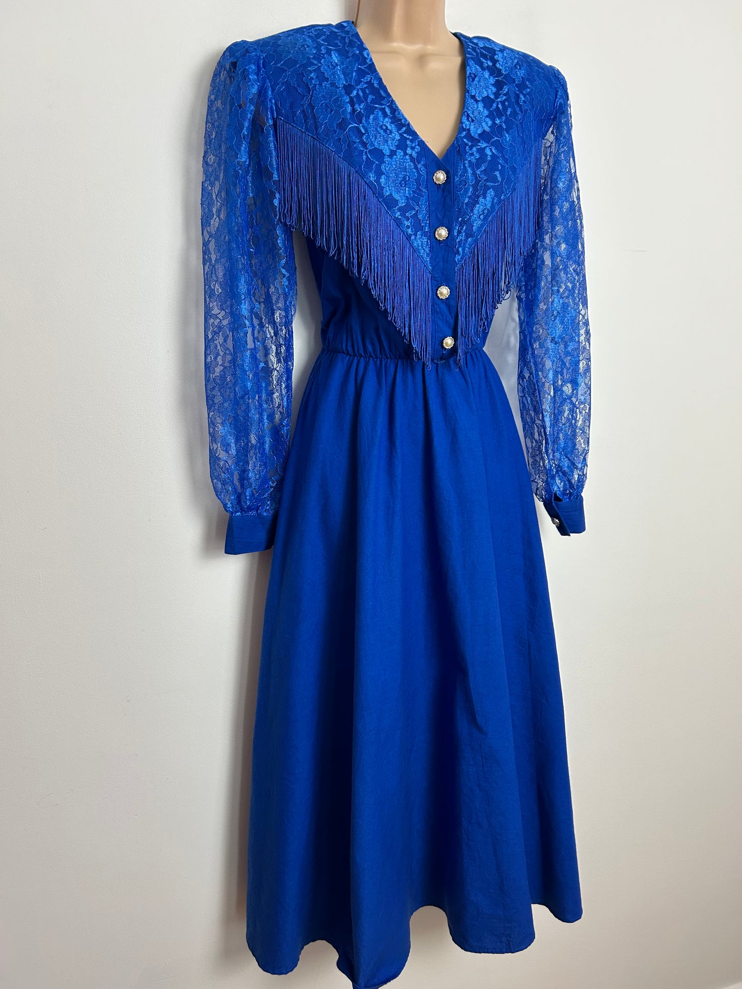 Vintage 1980s LILIA SMITTY Size 8 (US 3/4) Electric Blue Lace & Fringing Trim Western Dress