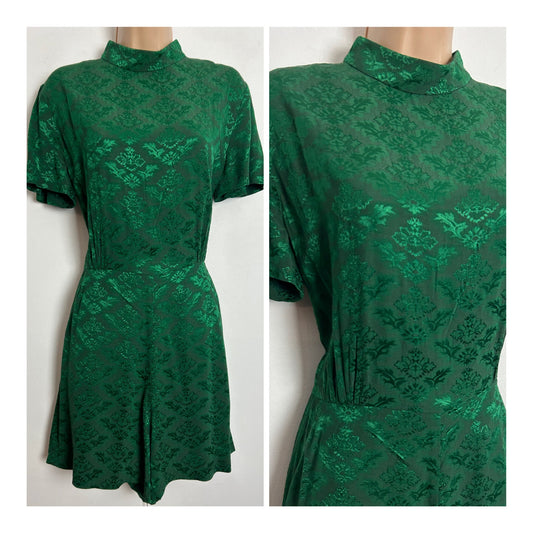 Vintage Late 90s/Y2K SANDRO PARIS UK Size 8-10 Green Floral Jacquard Xmas Playsuit