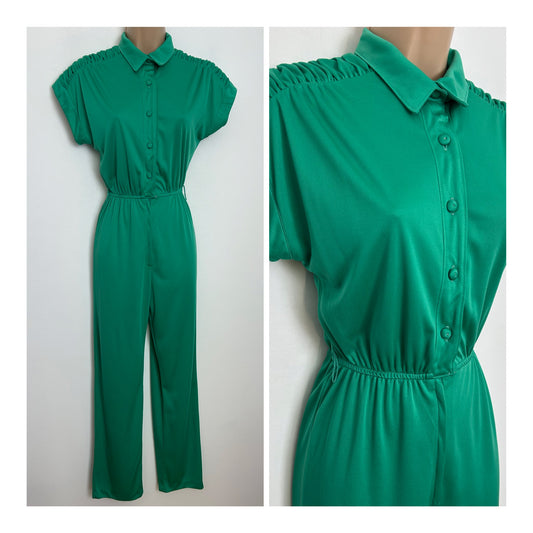 Vintage Late 70s/Early 80s Size 10 Green Ruched Shoulder Detail Short Sleeve Straight Leg Jumpsuit