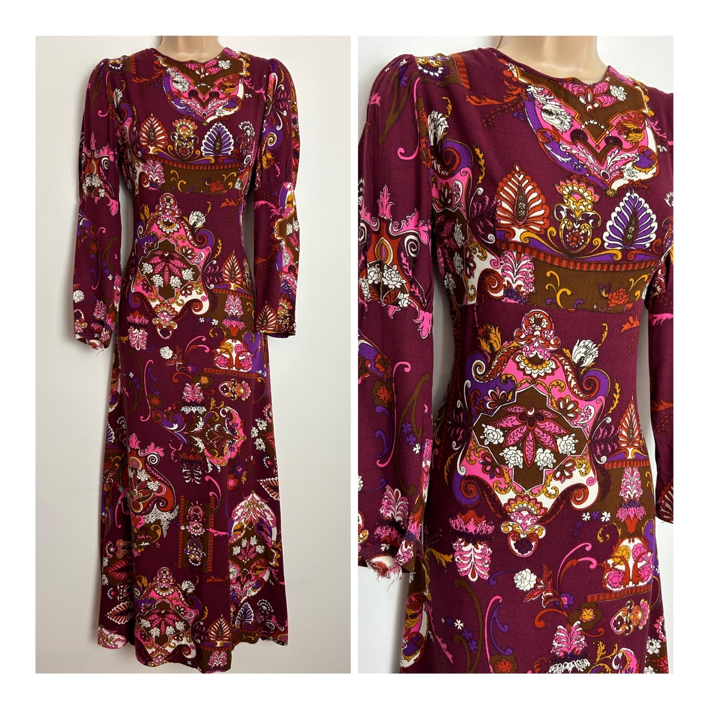 Vintage 1970s UK Size 8 Maroon Pink & Purple Cotton Nouveau Print Long Sleeve Maxi Dress