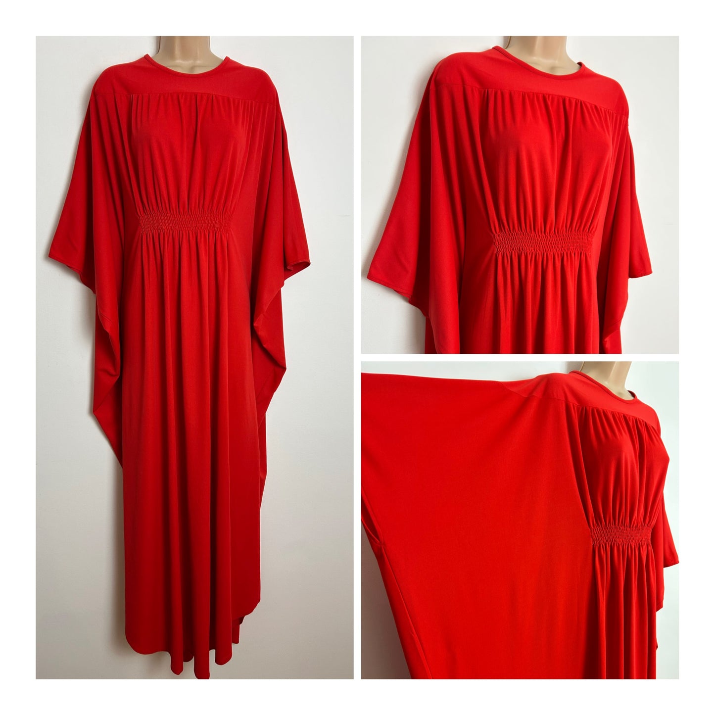 Vintage 1970s EVANS One Size Red Shirred Waist Detail Wide Sleeve Kaftan Maxi Dress