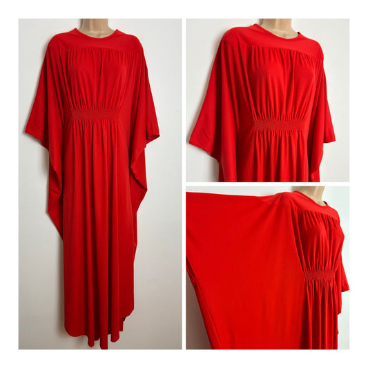 Vintage 1970s EVANS One Size Red Shirred Waist Detail Wide Sleeve Kaftan Maxi Dress