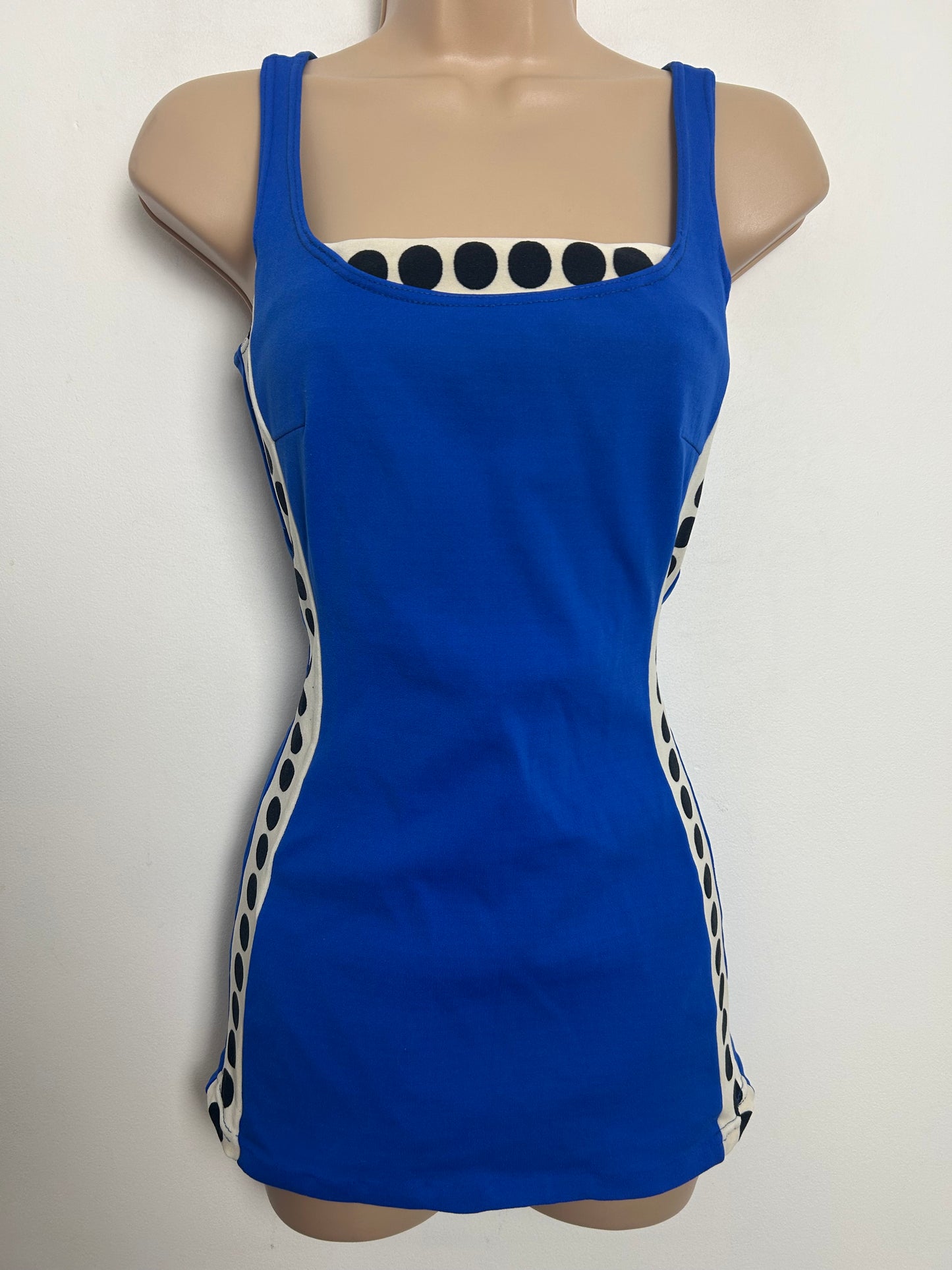 Vintage 1960s Size 12 Electric Blue White & Black Spot Print Skirted Swimsuit