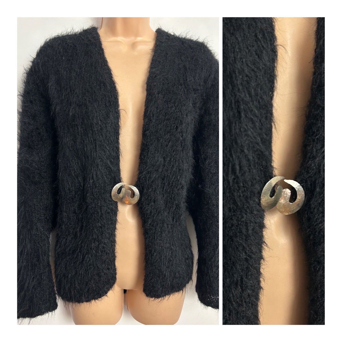 Vintage 1980s One Size Up To Size 16 Black Mohair Silver Tone Clasp Cardigan