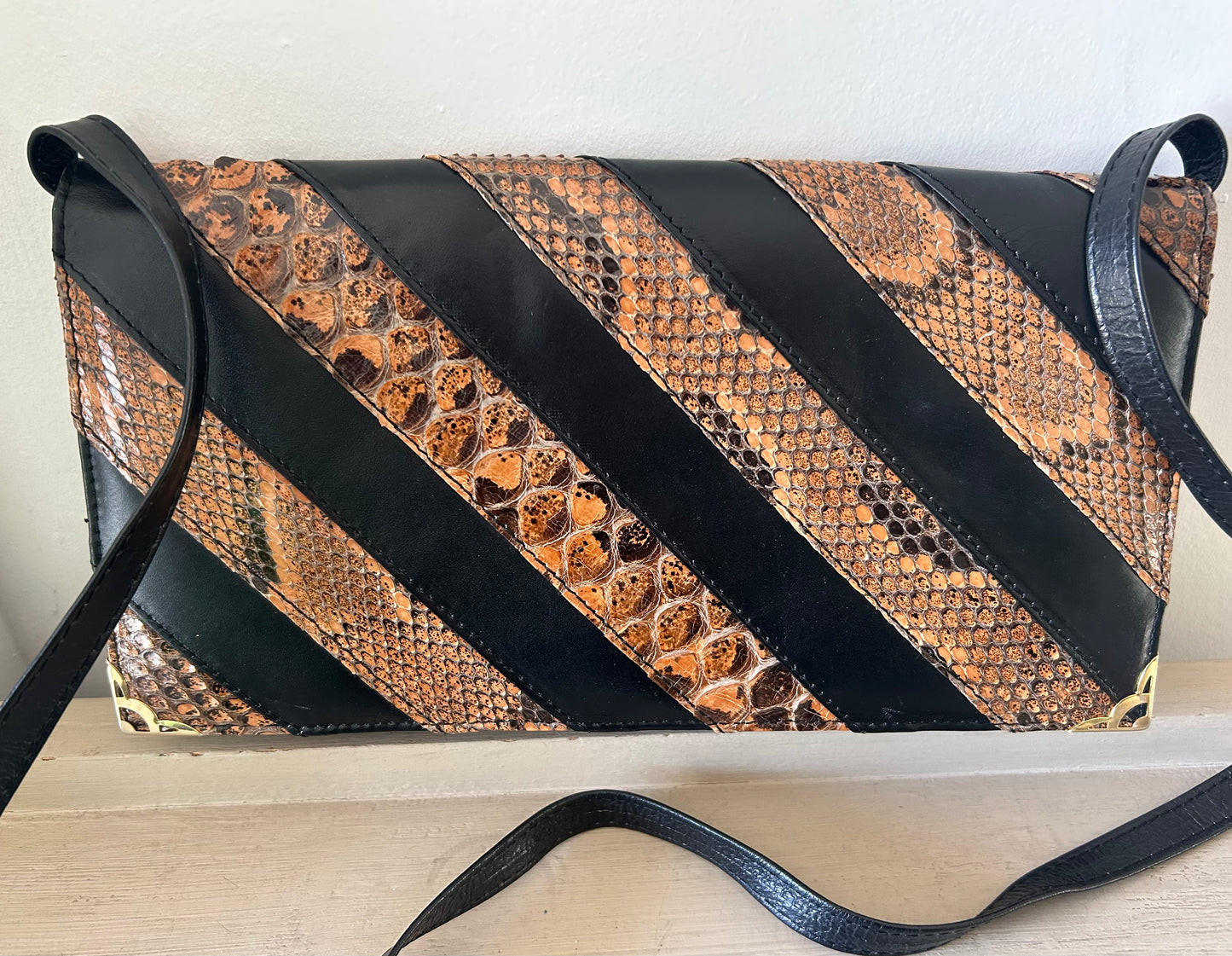 Vintage Black & Brown Reptile Stripe Pattern Clutch or Shoulder Bag