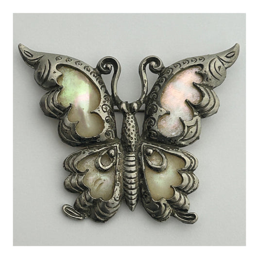 Vintage Absolutely Beautiful Large Silver Tone Mother Of Pearl Set Orange Butterfly Brooch