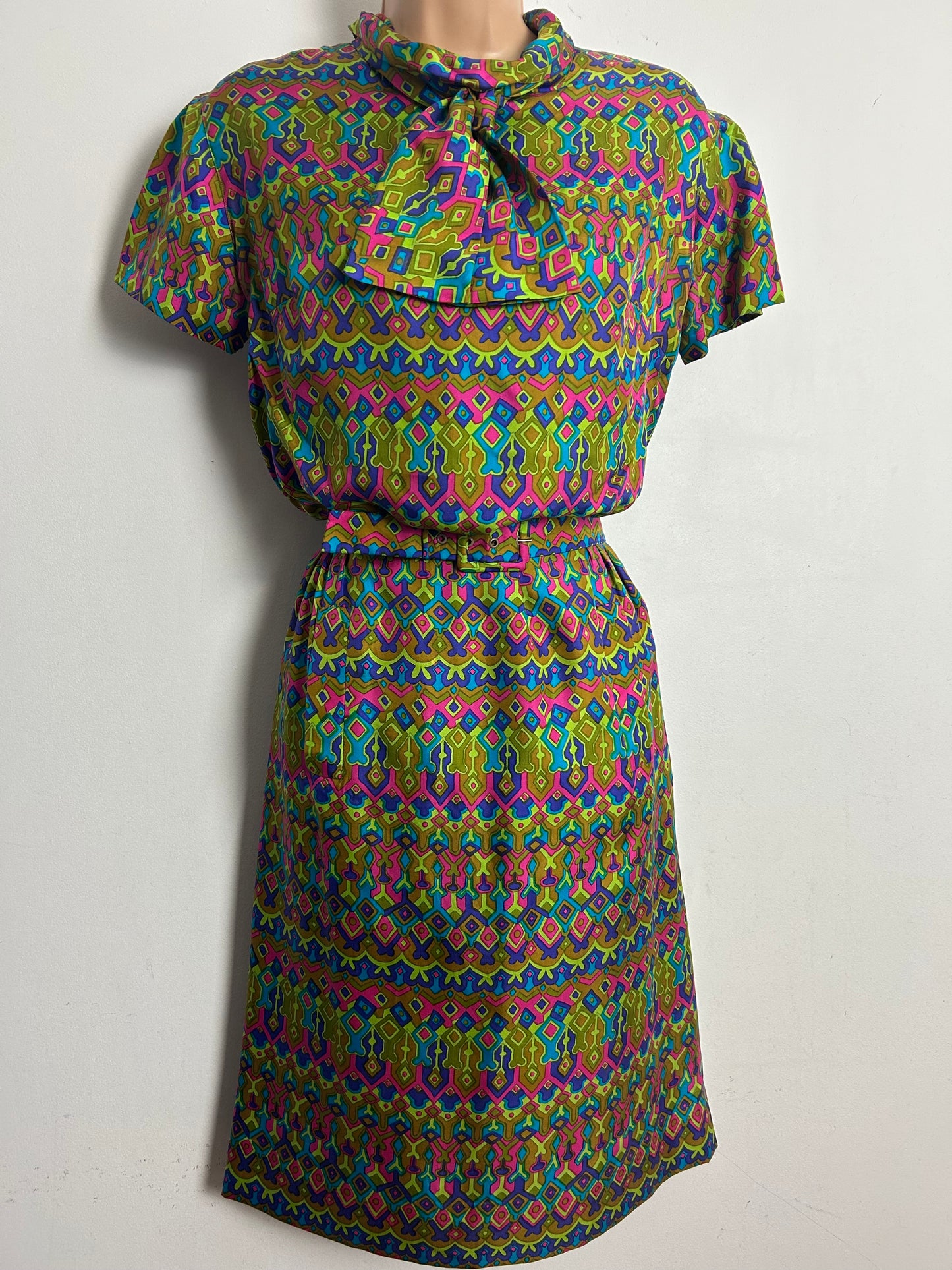 Vintage 1960s Size 10 Green Pink Purple & Tan Brown Abstract Print SILK Belted Mod Dress