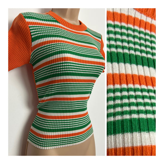 Vintage 1960s Up To Size 10 Orange Green & White Stripe Ribbed Short Sleeve Tight Top