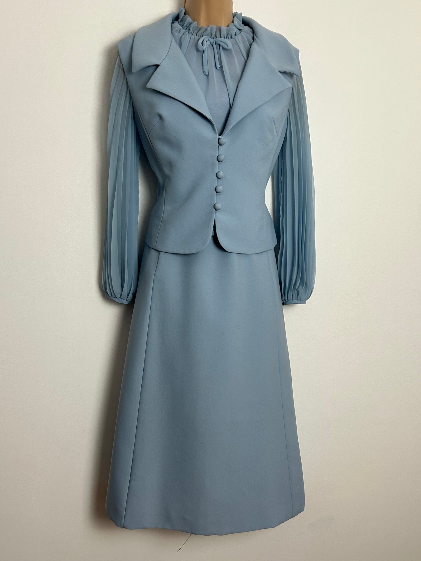 Vintage 1960s PEGGY FRENCH COUTURE UK Size 10 Powder Blue Long Pleated Sleeve Belted Dress With Matching Sleeveless Jacket